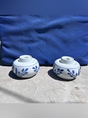 Vintage hand painted blue & white candlestick holders